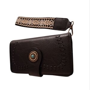 Unbranded Southwestern Vegan Leather Wristlet Black with Canvass Strap Boho